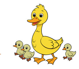 Family of Ducks Cartoon Drawing with Mother Duck and Babies