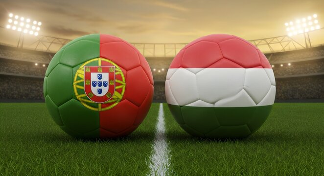 two football balls adorned in the colors of the Portugal and Armenia flags, an exciting clash between footballing nations
