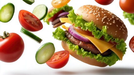 Hovering double cheeseburger with crispy bacon and green lettuce, over suspended weathered wooden surface, dramatic dark setting
