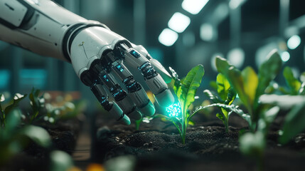 Robotic Arm Tending to a Seedling in a Futuristic Greenhouse Setting