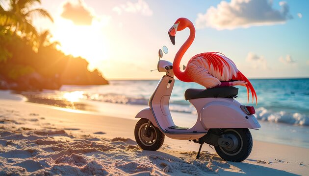 Pink Bird on a Vehicle at Sunset on a Tropical Beach, cute wallpapers
