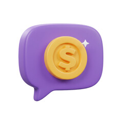 3D graphic of a purple speech bubble with a golden dollar coin, symbolizing financial communication. isolated on a transparent background, png, cutout