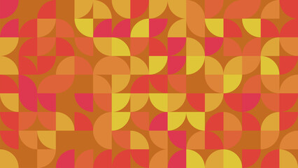 A vibrant and colorful geometric pattern featuring circular shapes and arches. Bright hues of orange, pink, and yellow