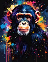 An artistic, expressive portrait of a chimpanzee. The image combines realistic detail with a watercolor and ink painting style and a colorful, abstract background.