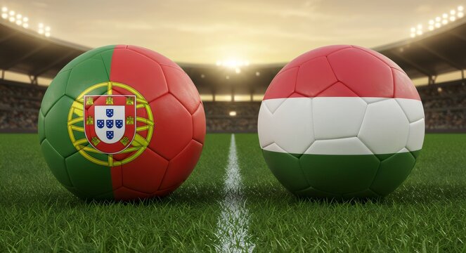 two football balls adorned in the colors of the Portugal and Armenia flags, an exciting clash between footballing nations