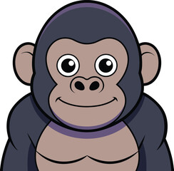 A cheerful young gorilla smiles warmly, its large eyes conveying innocence and gentle happiness against a white background.