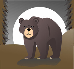 Vector illustration Cute cartoon bear sitting with forest background in flat design style