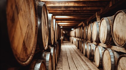 Rows of aged wooden barrels in a dimly lit distillery warehouse.