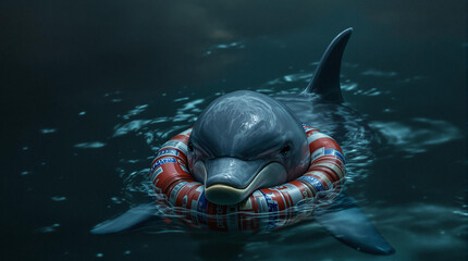 Dolphin Trapped in Pollution-Themed Lifebuoy – Ocean Conservation Concept