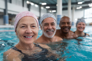 Fototapeta premium Happy senior friends swimming in indoor pool and enjoying healthy active lifestyle
