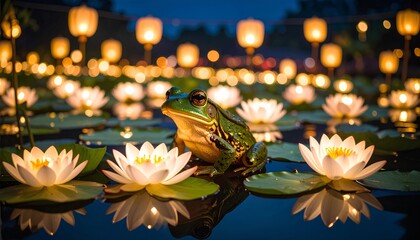 Fototapeta premium Amphibian Amongst Illuminated Water Plants In A Night Pond, cute wallpapers