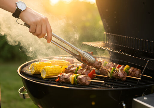 Hand grilling skewers and corn on a barbecue - Powered by Adobe