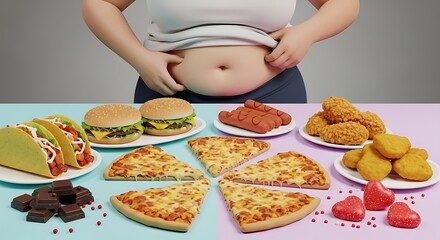 Unhealthy Eating: An Overweight Person Facing Temptations, The Harsh Reality of Overindulgence and Weight Gain: A Table Full of Junk Food