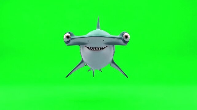 Adorable 3D Cartoon Hammerhead Shark Swimming with Huge Eyes and Silly Grin, Floating Mid-air on Green Screen for Kids Animation