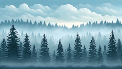 Fototapeta premium Misty evergreen forest landscape with towering pine trees shrouded in ethereal morning fog and soft light