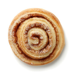 A freshly baked cinnamon roll with a golden-brown, spiral design and sugar topping.