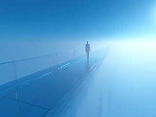 Silhouette of a businessman walking along a futuristic glass bridge surrounded by mist, symbolizing ambition, vision, and the journey toward new opportunities