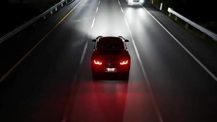 Sports car driving on the road with lanterns lighting up at night. Aerial tracking shot. with light traffic in an American suburb. Wide shot of a drone. - Powered by Adobe