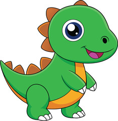 A cheerful green dinosaur stands, displaying a joyful expression against a white background, embodying childlike wonder.