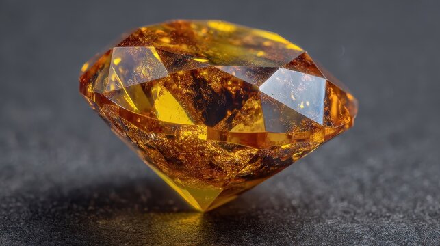 Faceted honey-colored gemstone sparkling with inclusions against dark background. Great for showcasing luxury, wealth, and natural wonders in your design.