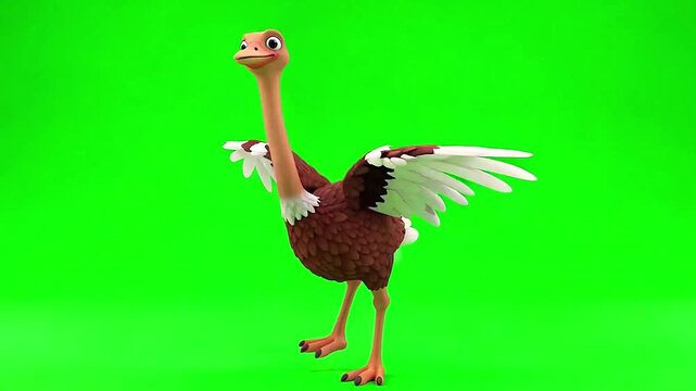 Adorable 3D Cartoon Ostrich Dancing and Flapping Wings with on Green Screen for Kids Animation