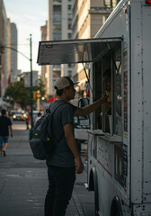 Urban food truck scene.  Man orders food