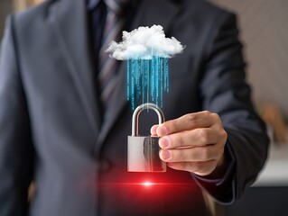 Cloud Security Concept Businessman Holding Padlock with Data Flowing from Cloud