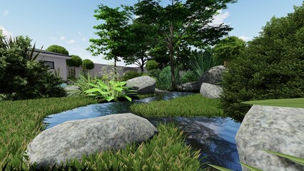 3d image of the landscape design of the home territory. Landscaping of the territory. Computer visualization of composite landscaping and landscaping solutions.	
