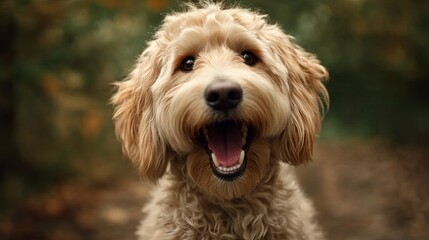 Happy fluffy dog with a joyful expression in a natural outdoor setting.