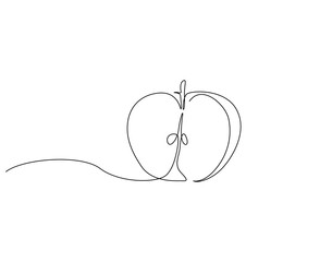Continuous line drawing of apple slice. Single line illustration of apple fruit. Healty fruit concept. Editable outline