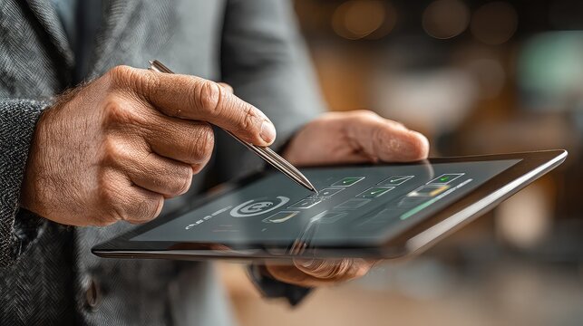 Businessman completes digital survey on tablet, checks responses using online interface, and provides feedback for company evaluation, decision planning, and service rating.