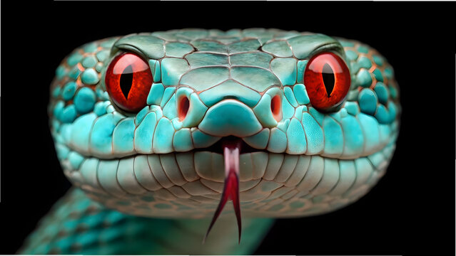 Stylized turquoise python head with red eyes