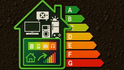 Energy audit of home. Energy efficiency rating chart featuring household and home appliances with colored arrows showing consumption levels eco - Powered by Adobe