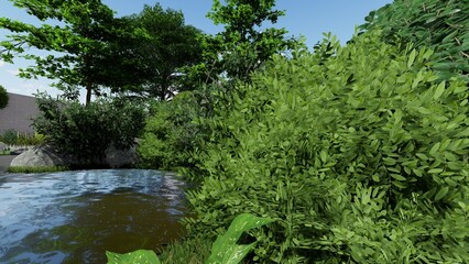 3d image of the landscape design of the home territory. Landscaping of the territory. Computer visualization of composite landscaping and landscaping solutions.	
