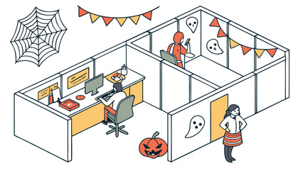 Isometric office decorated for halloween with spiderweb, pumpkin, ghosts and pennant banners
