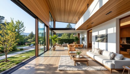 Fototapeta premium smart energy efficient villa using radiant floor heating recycled glass windows and solar cooling bright space