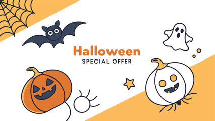 Obraz premium Halloween themed graphic with pumpkins, a bat, a ghost, a spider web and a star for special offer ad