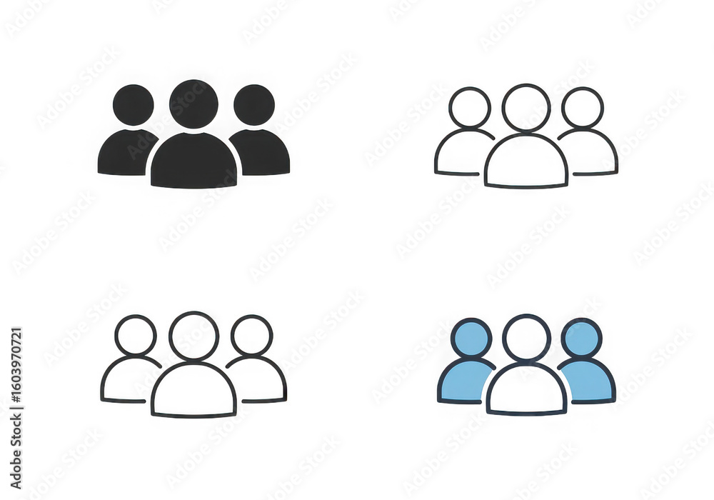 Wall mural diverse vector icons of a group of three people in various styles representing teamwork community an