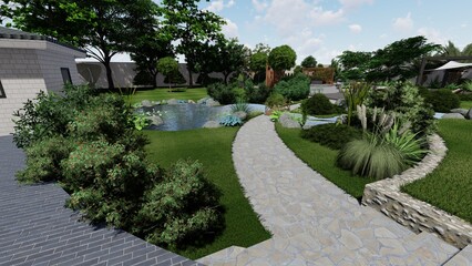 3d image of the landscape design of the home territory. Landscaping of the territory. Computer visualization of composite landscaping and landscaping solutions.	
