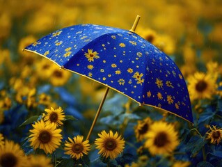 Blue umbrella amidst a field of sunflowers