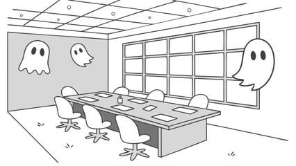 Conference room with ghosts on the wall and one floating near the window in black and white style