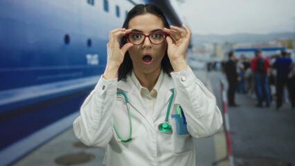 Woman doctor wearing red glasses stares shocked holding stethoscope with large boat in the background at a busy port scene outdoors.