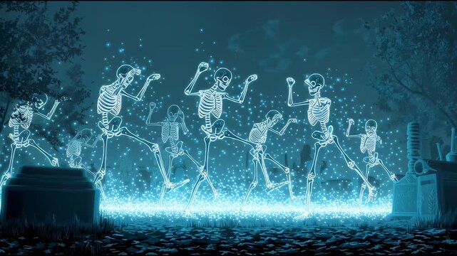Dancing Skeletons in a Glowing Graveyard Under a Moonlit Sky
