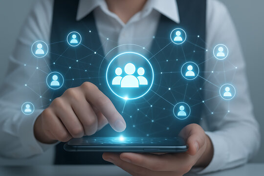 Businessman using tablet to connect people with network hologram showing social communication and global human resources digital connection concept for corporate growth - Powered by Adobe