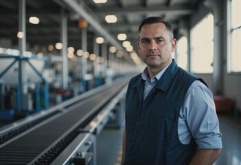 Fototapeta premium Conveyor system engineer inspecting an automated assembly line in a factory
