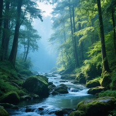 Obraz premium Scenic alpine lake surrounded by lush green forest and towering mountains under clear blue sky