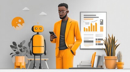 Businessman improves work efficiency with AI tools, automates operations, solves challenges, and enhances productivity using chatbot platforms and digital workflow systems.