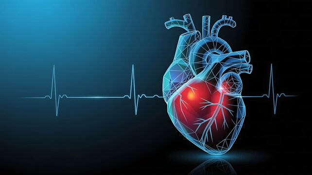 Anatomical illustration of a human heart with glowing red center and electrocardiogram waveform in the background on a dark blue gradient