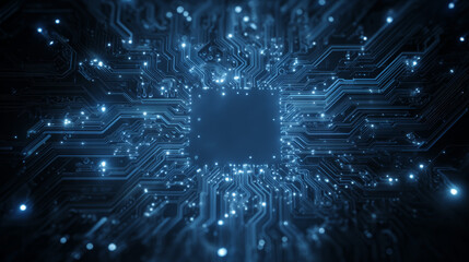 Futuristic blue digital circuit board design with central blank space, ideal for themes like AI, tech innovation, or crypto branding