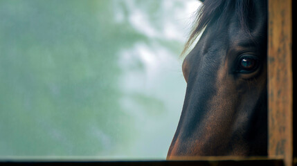 Close-up of a horse's eye peeking through a stable window with a soft green background